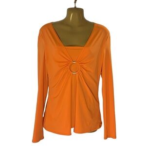 Vtg Jonden orange front gold ring gathered top long sleeve faux 2 piece shirt S